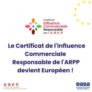 Visuel du logo du certificat influence commerciale responsable par l'ARPP. Ce logo précise que le certificat influence commerciale responsable par l'ARPP devient européen
